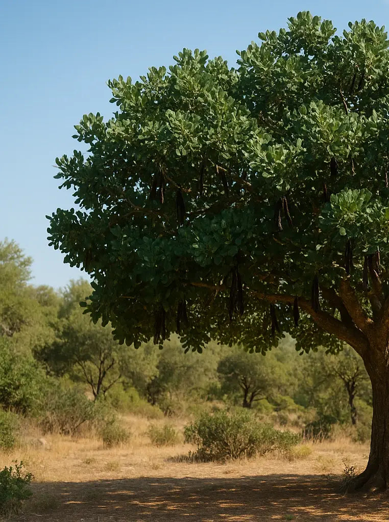 Branches of a Spanish carob tree (Ceratonia siliqua) full of ripe pods ready for harvest.